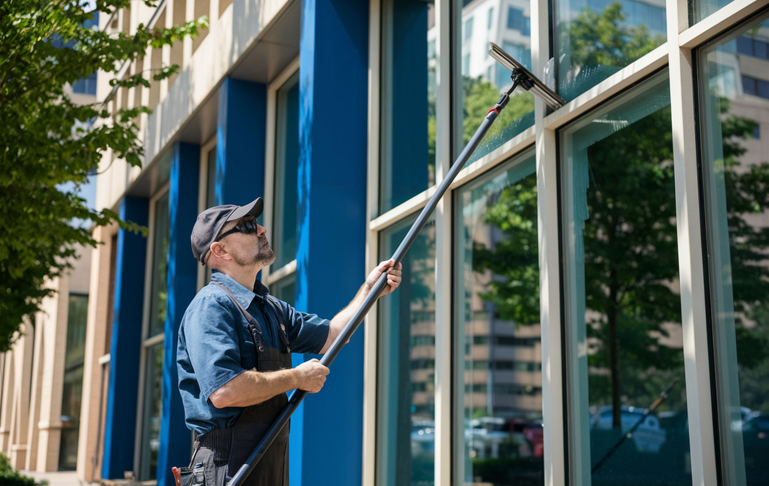 Commercial window cleaning crew at work